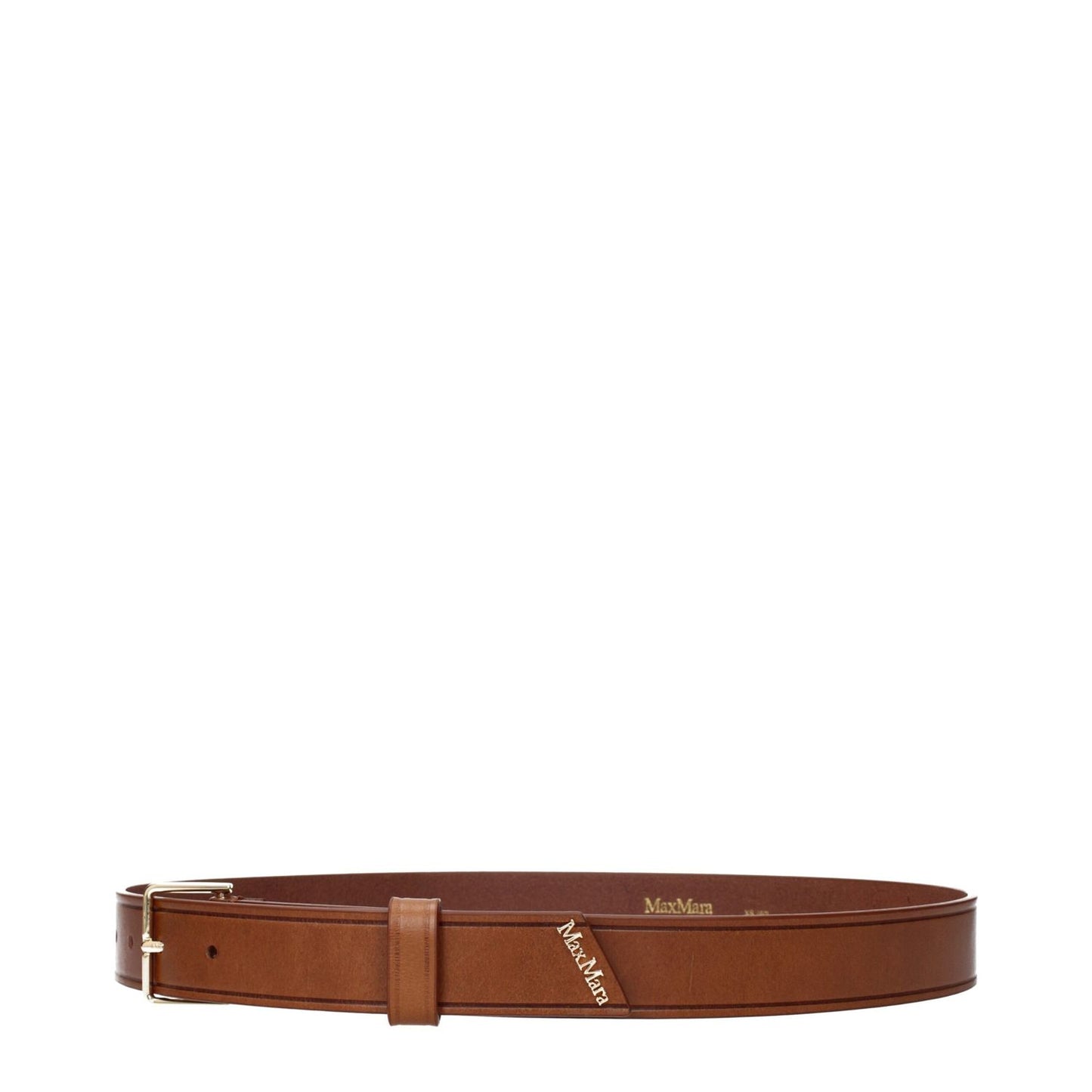 Max Mara Brown Leather Regular Belt with front logo, vintage and aged effect design.