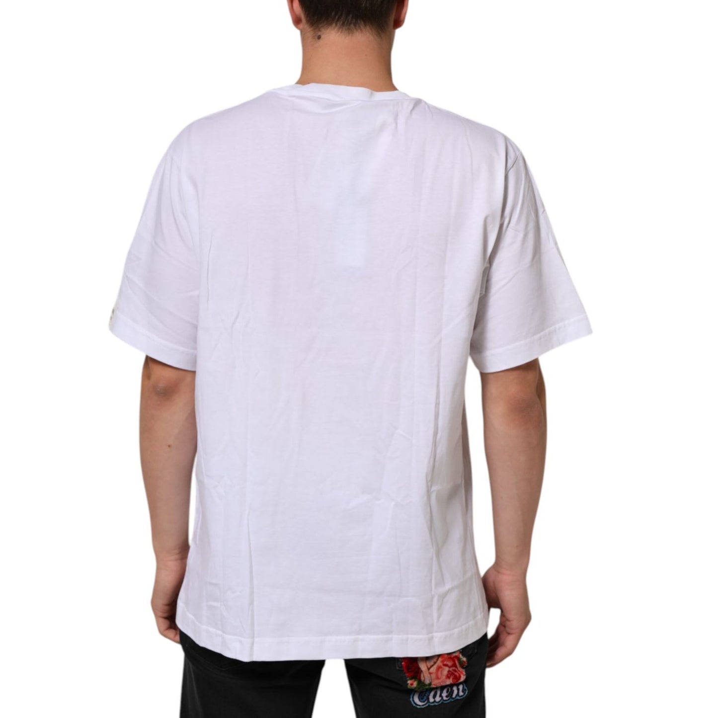 Back view of Dolce & Gabbana White Graphic Print Cotton Crew Neck T-shirt on male model, featuring regular fit and crew neck design.