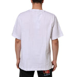 Back view of Dolce & Gabbana White Graphic Print Cotton Crew Neck T-shirt on male model, featuring regular fit and crew neck design.