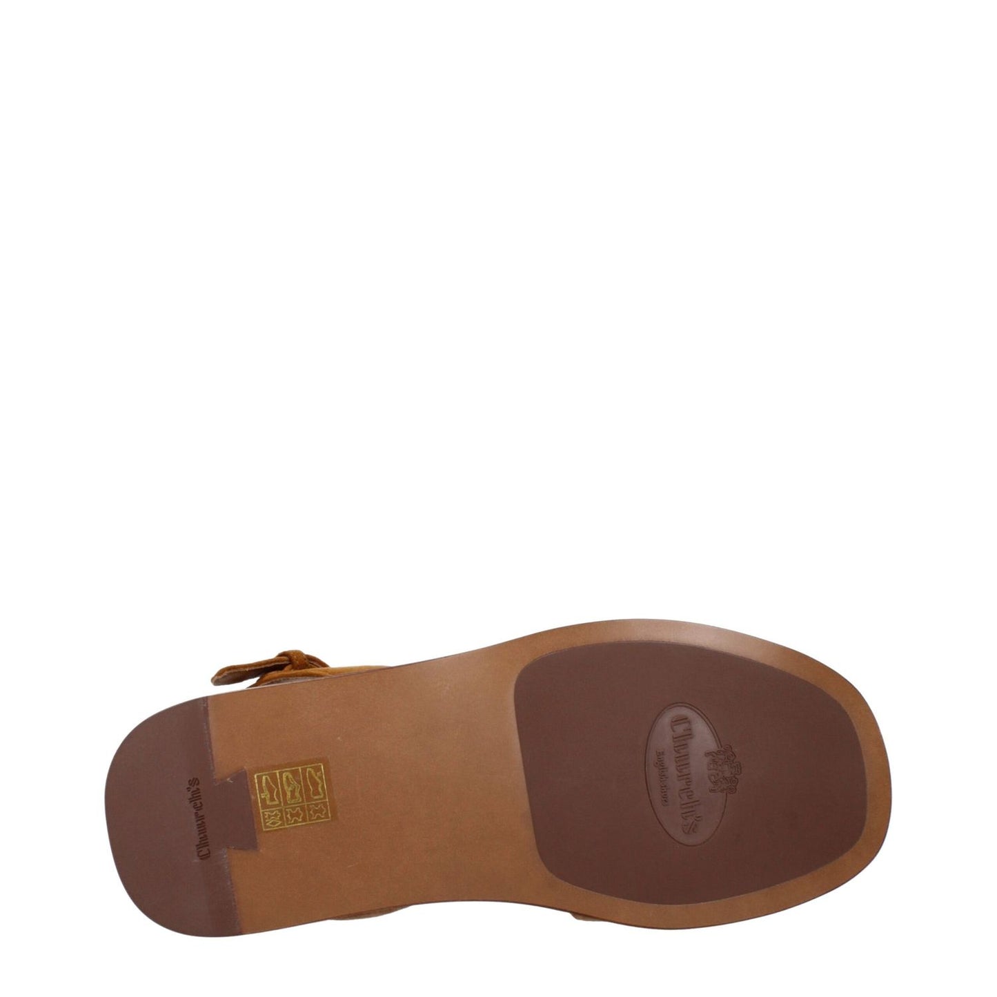 Sole of Church's Brown Leather Sandals showing brand detail, MPN DX01139HVF0AEY, code F84583, suede design in brown leather. High-quality sandal.