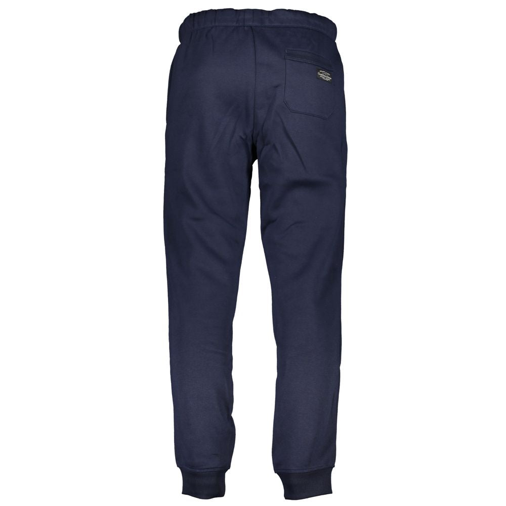 Back view of Gianmarco Venturi Blue Cotton Pant with elastic waist, ankle cuff, and embroidered logo. Sports trousers with fleece material.