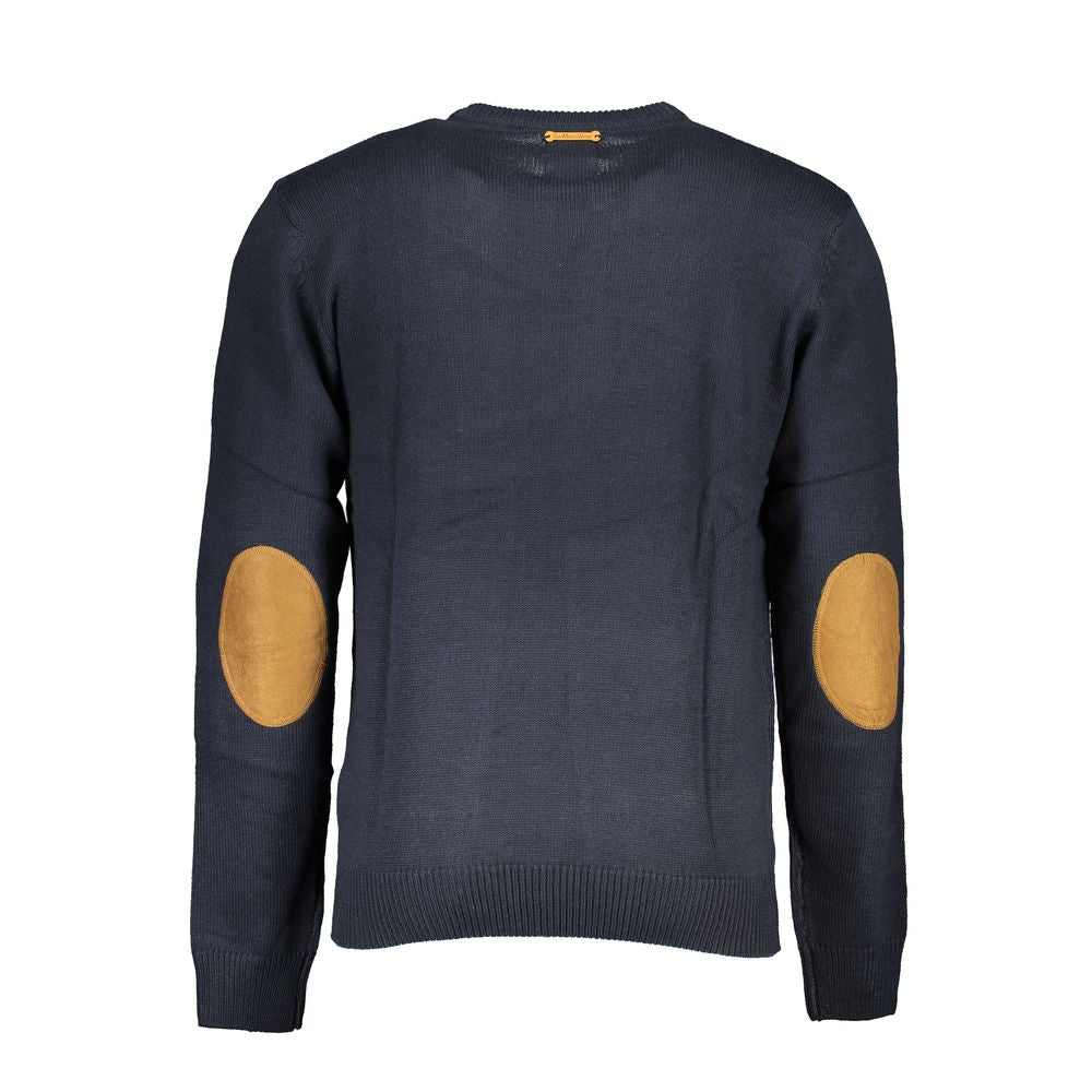 Gianmarco Venturi Blue Cotton Sweater, long-sleeved with crew neck, embroidery, logo, and elbow patches, perfect for casual wear.
