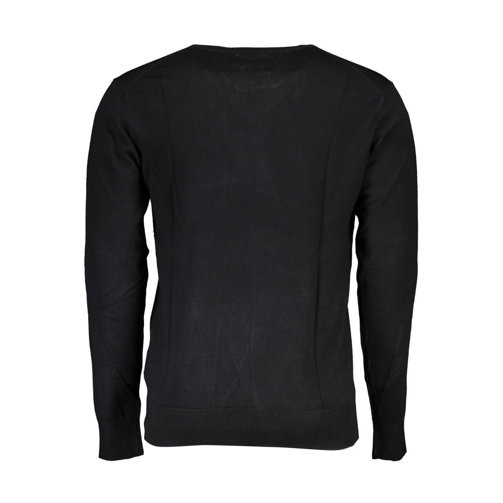 Back view of Gianmarco Venturi Black Viscose Sweater, long sleeved, V-neck with embroidery and logo detail.