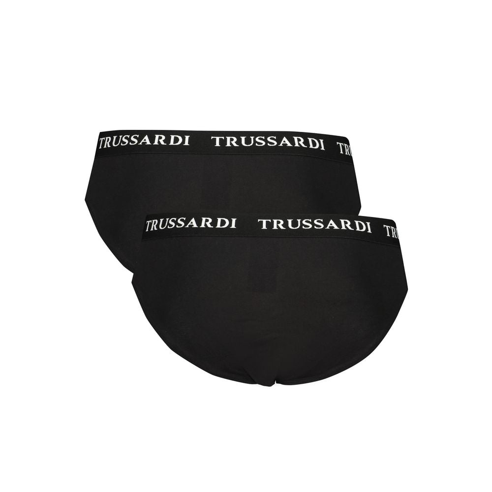 Trussardi Black Cotton Underwear with branded elastic waistband, bi-pack, featuring logo print.