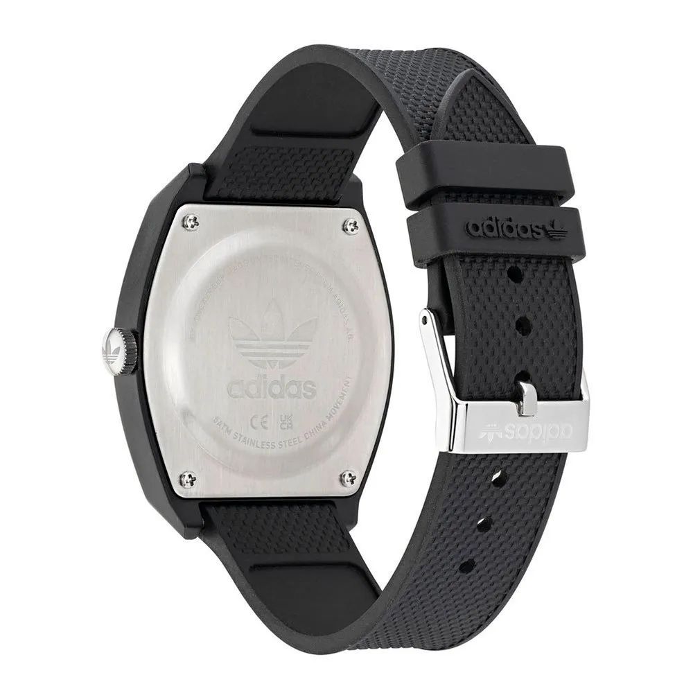 Back view of Adidas Black Synthetic Sport Watch with black silicone bracelet and resin case.