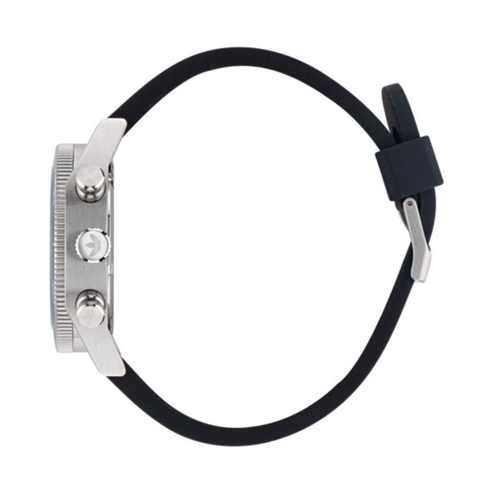 Side view of Adidas Black Synthetic Sport Watch with black silicone strap, grey stainless steel case, and buckle closure.