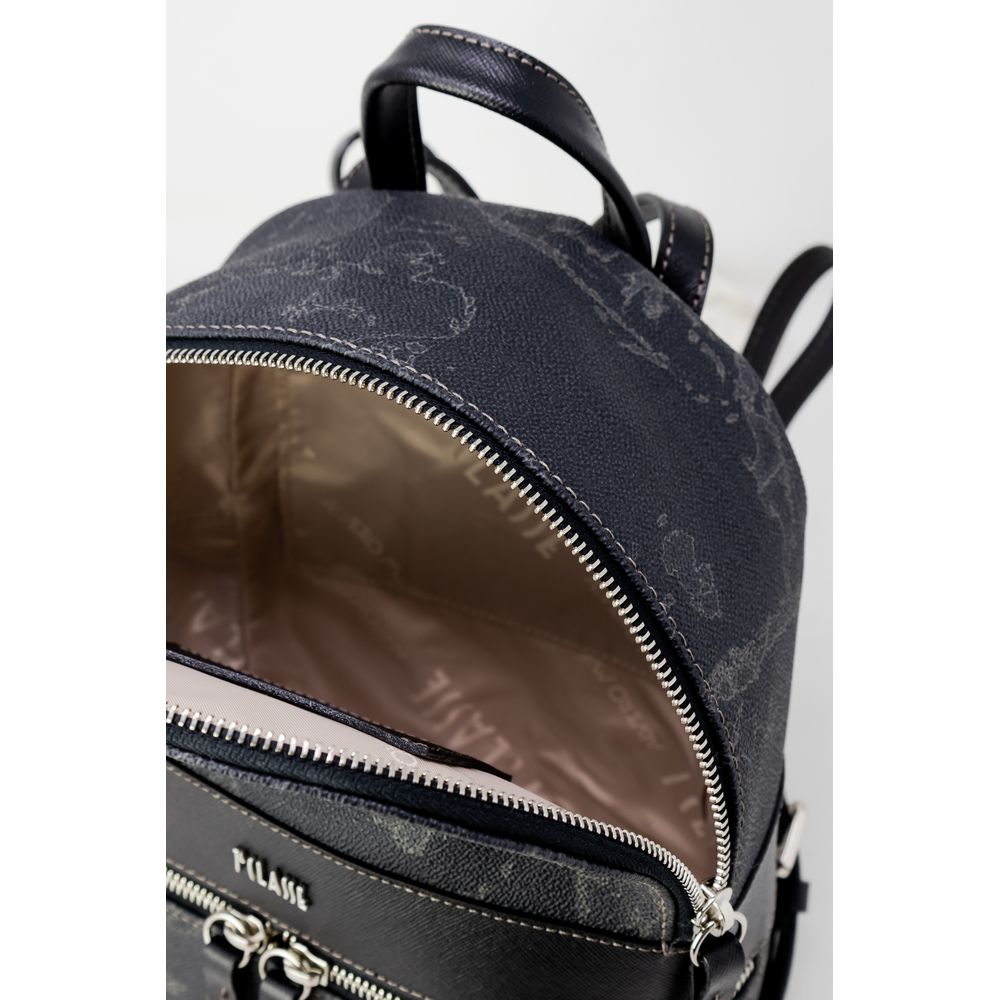 Open view of Alviero Martini Prima Classe Black Leather Backpack showing interior lining and zip closure.