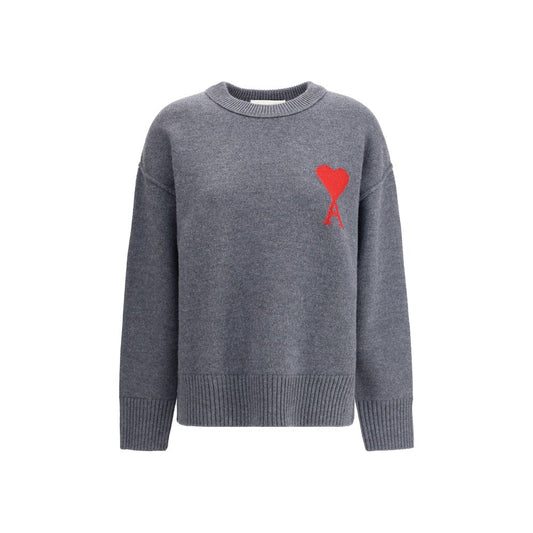 Ami Paris Gray Fleece Wool Sweatshirt with jacquard logo, ribbed hem and cuffs. Casual, modern design made in Portugal.