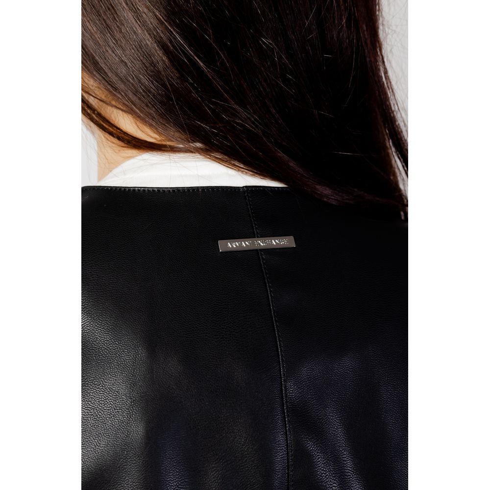 Back view of Armani Exchange Black Leather Jacket, showcasing leather-effect texture and branded metal detail on collar.