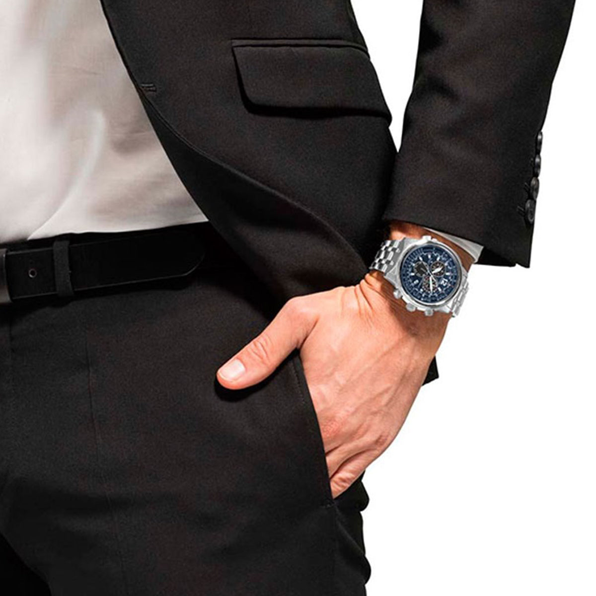 Man wearing CITIZEN WATCHES Mod. CB5850-80L with dark suit and white shirt