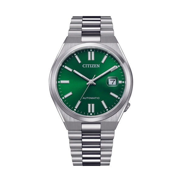 CITIZEN WATCHES Mod. NJ0150-81X with green dial and silver bracelet, featuring automatic movement and date display.