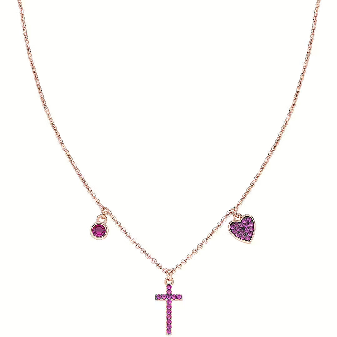 AMEN JEWELRY Mod. CLCRCURRZ necklace with cross, heart, and gemstone charms in rose gold.