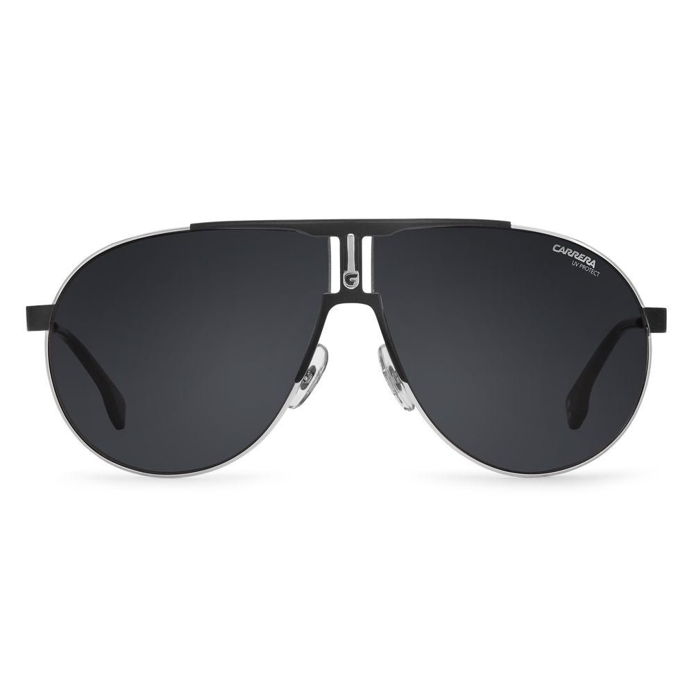Carrera Black Metal Sunglasses with grey lenses, front view, unisex design, iconic Italian craftsmanship.
