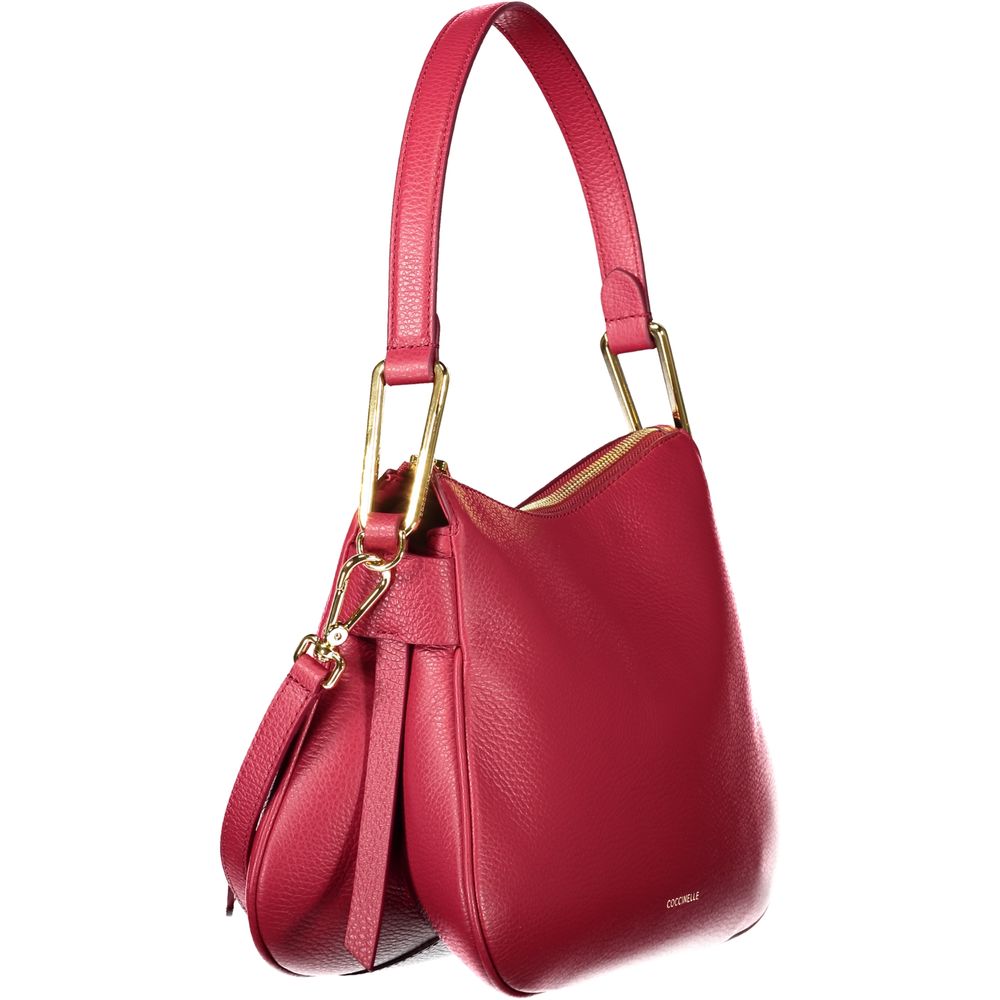 Coccinelle Red Leather Handbag with shoulder handle and zip closure, featuring internal pocket and document holder.