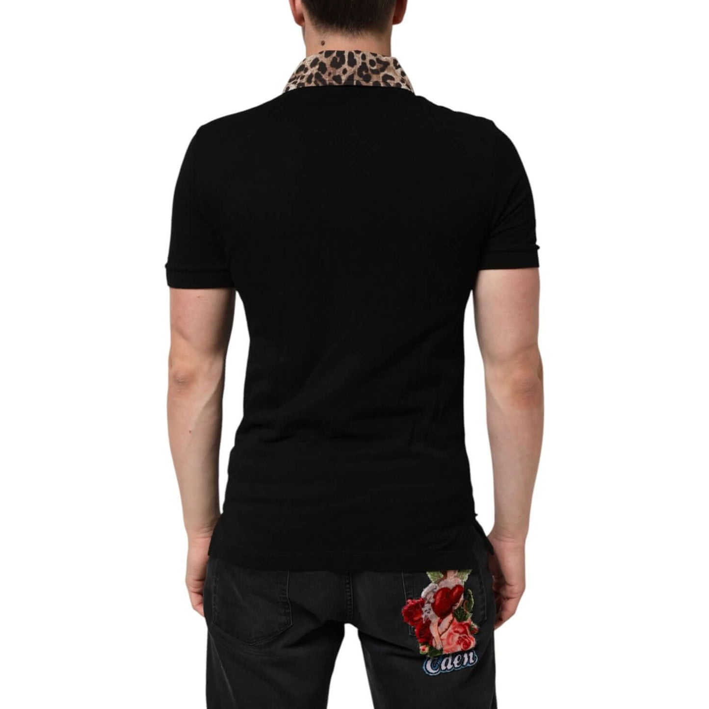 Dolce & Gabbana Black Cotton Leopard Collar Polo T-shirt