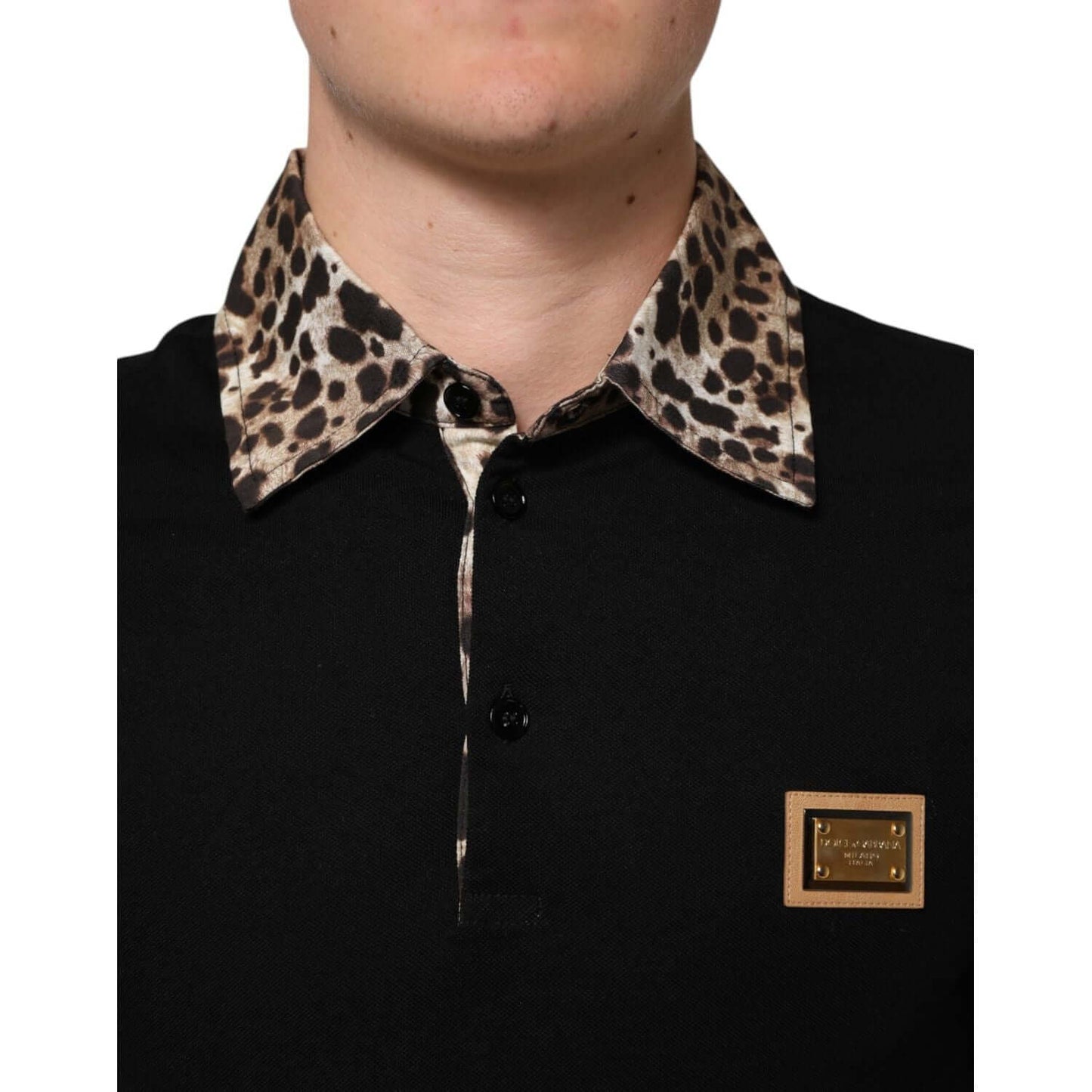 Dolce & Gabbana Black Cotton Leopard Collar Polo T-shirt