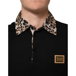 Dolce & Gabbana Black Cotton Leopard Collar Polo T-shirt