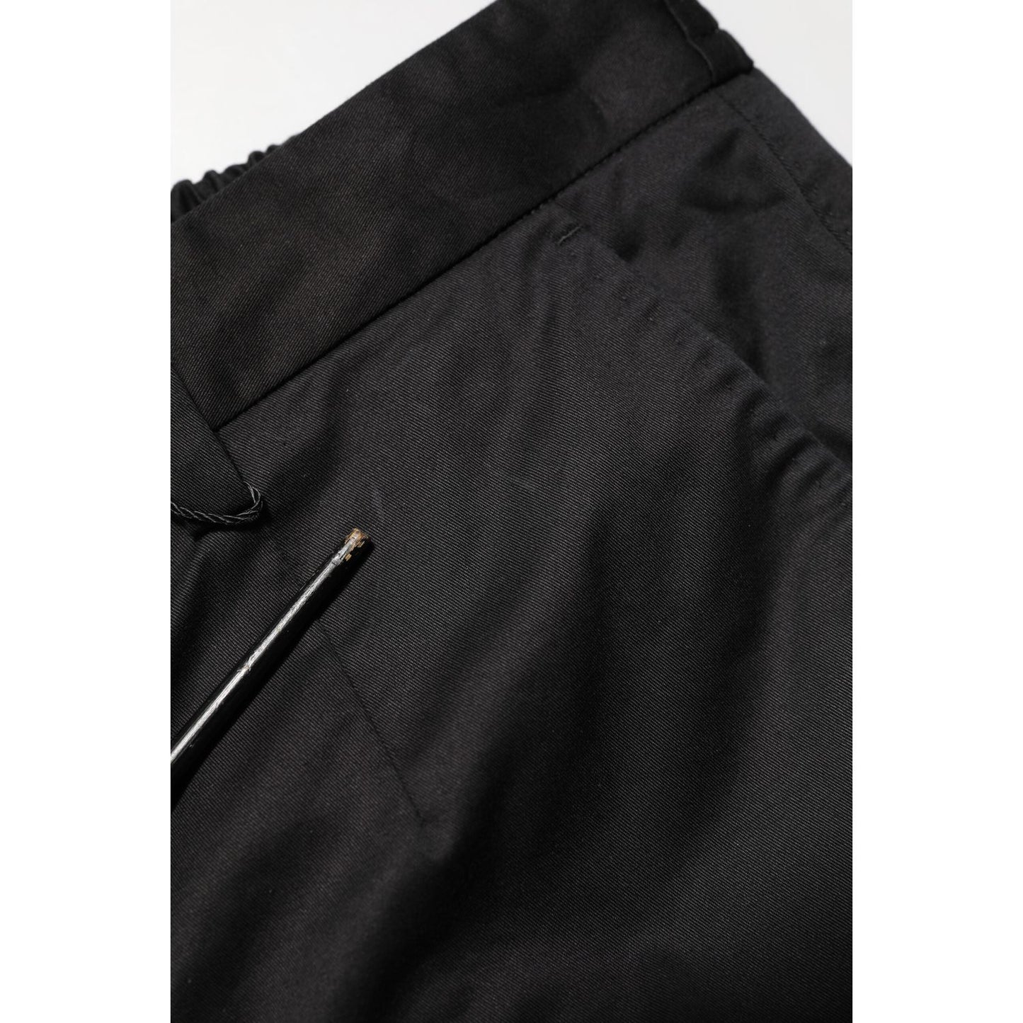 Close-up of Dolce & Gabbana Black Cotton Tapered Men Formal Trousers Pants showing side details and zipper pocket