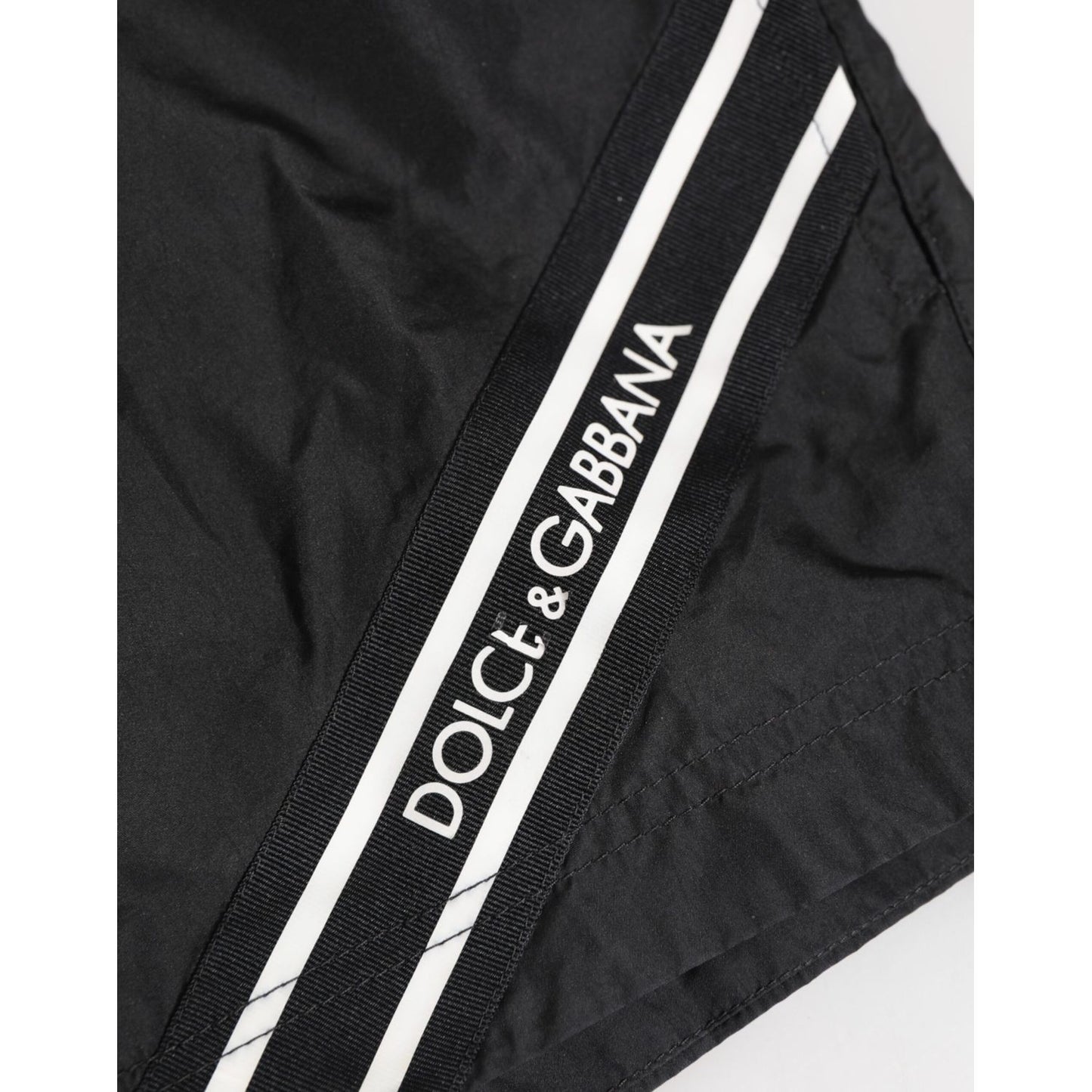 Dolce & Gabbana Black Drawstring Beachwear Men Shorts Swimwear with side logo detail close-up