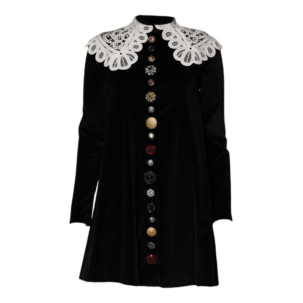 Dolce & Gabbana Black Velvet Lace Collared Embellished Dress