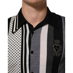 Dolce & Gabbana Black White Polka Dot Collared Polo T-shirt, close-up view of elegant button placket and logo detail.