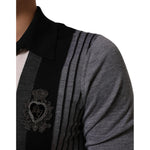 Dolce & Gabbana Black White Polka Dot Collared Polo T-shirt with logo detail on grey fabric, elegant design