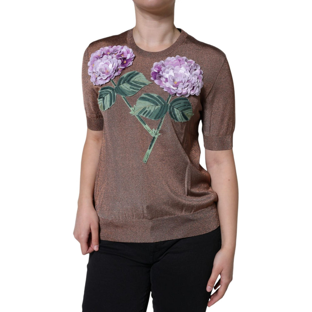 Dolce & Gabbana Brown Floral Applique Viscose Short Sleeve Top TSH86578-42