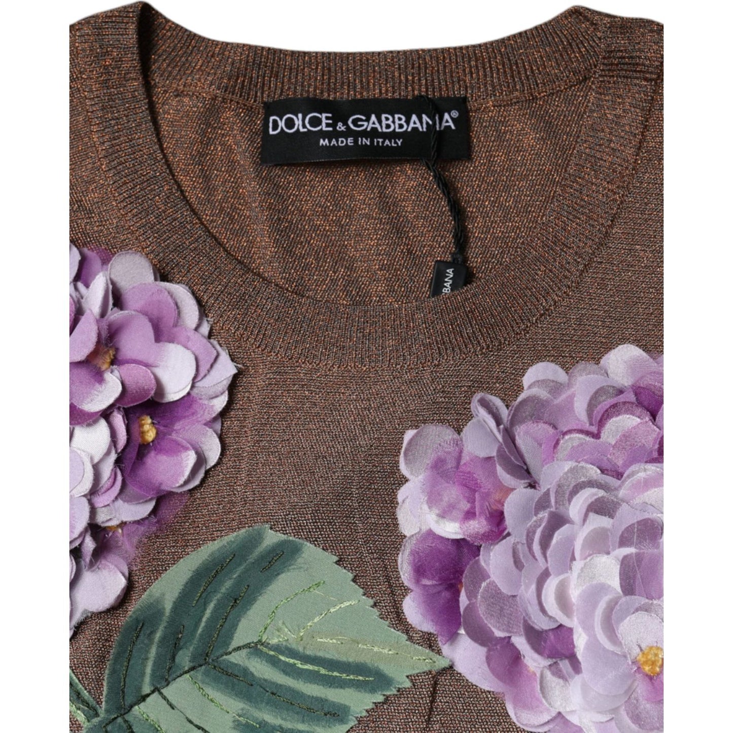 Dolce & Gabbana Brown Floral Applique Viscose Short Sleeve Top TSH86578-42