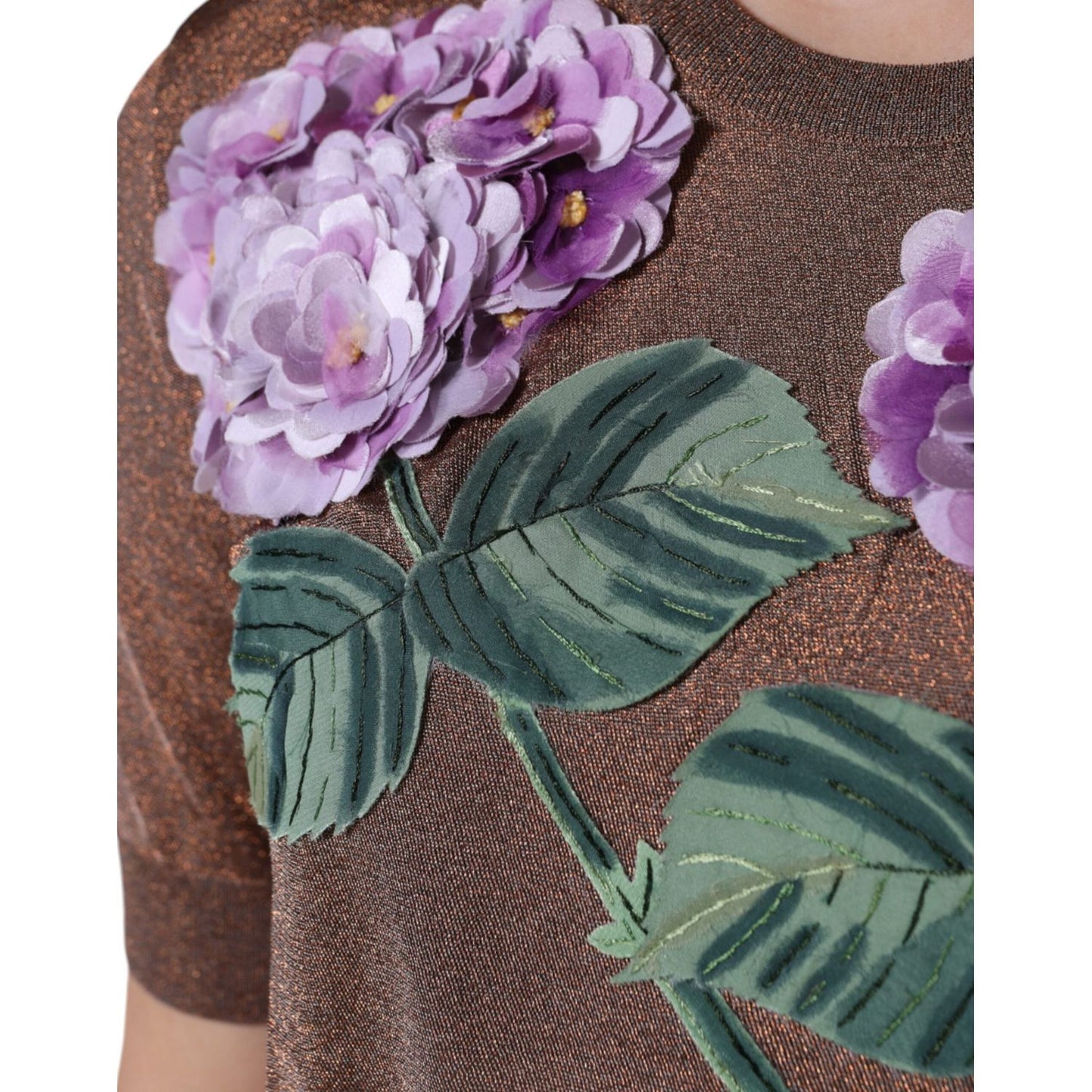 Dolce & Gabbana Brown Floral Applique Viscose Short Sleeve Top TSH86578-42