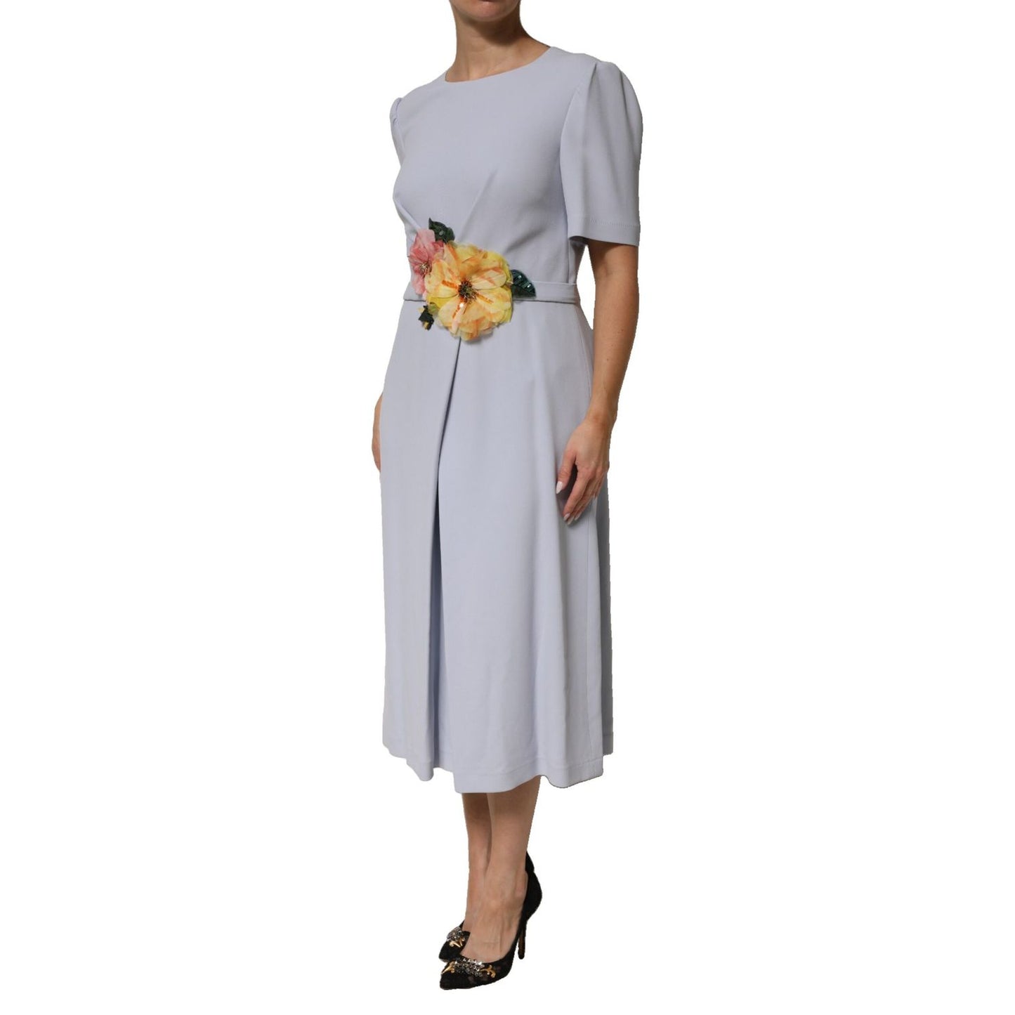 Dolce & Gabbana Light Blue Viscose Blend Floral Applique Dress with short sleeves and round neckline, perfect for formal occasions.
