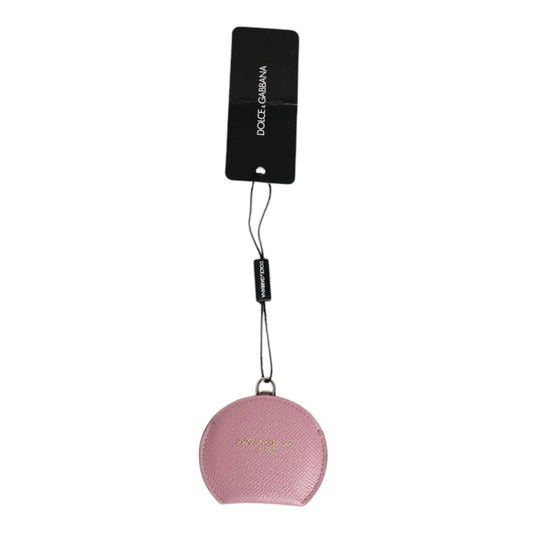 Dolce & Gabbana Pink Calfskin Leather Round Logo Hand Mirror Holder