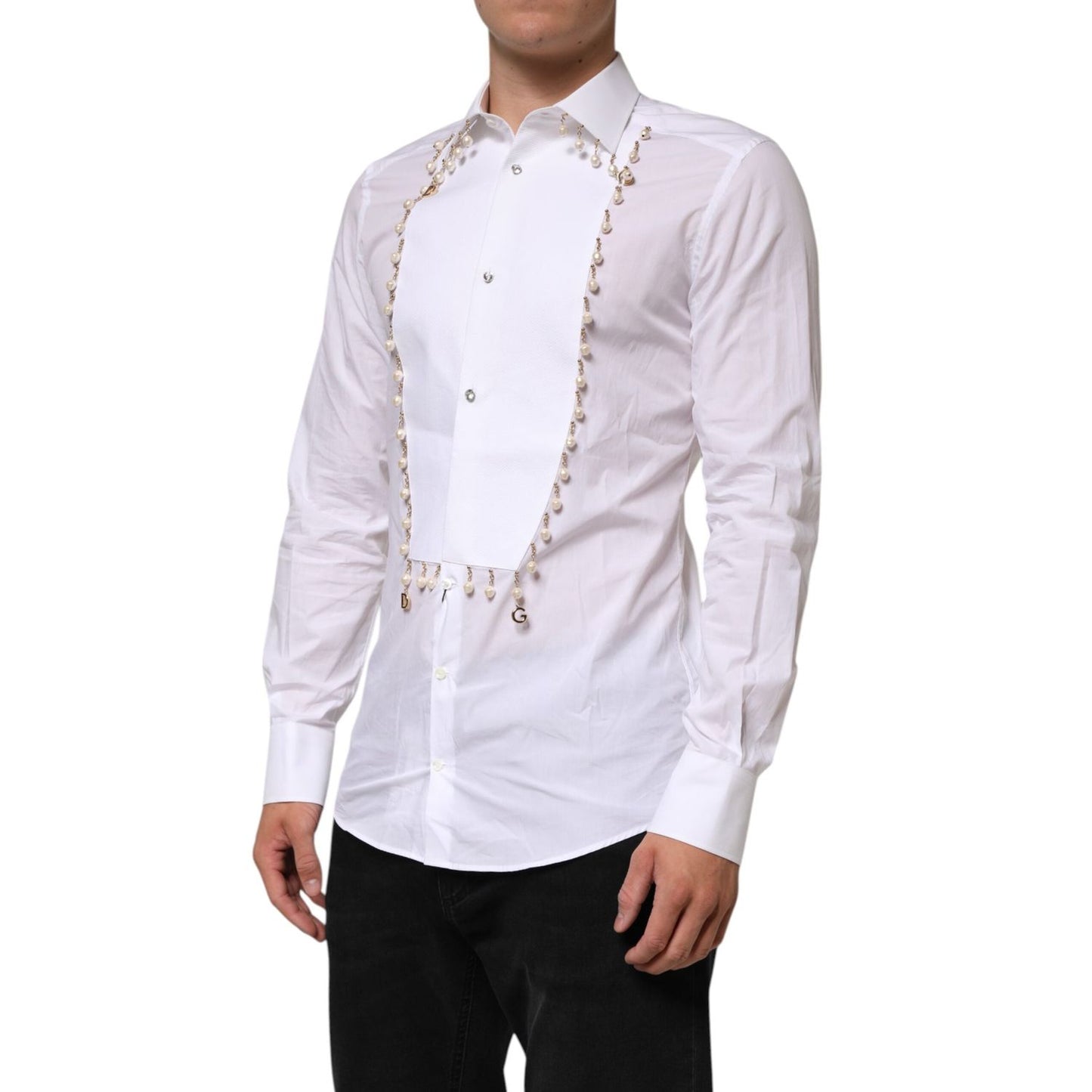 Dolce & Gabbana White Cotton DG Logo Pearl Chain Formal Shirt TSH90812-39