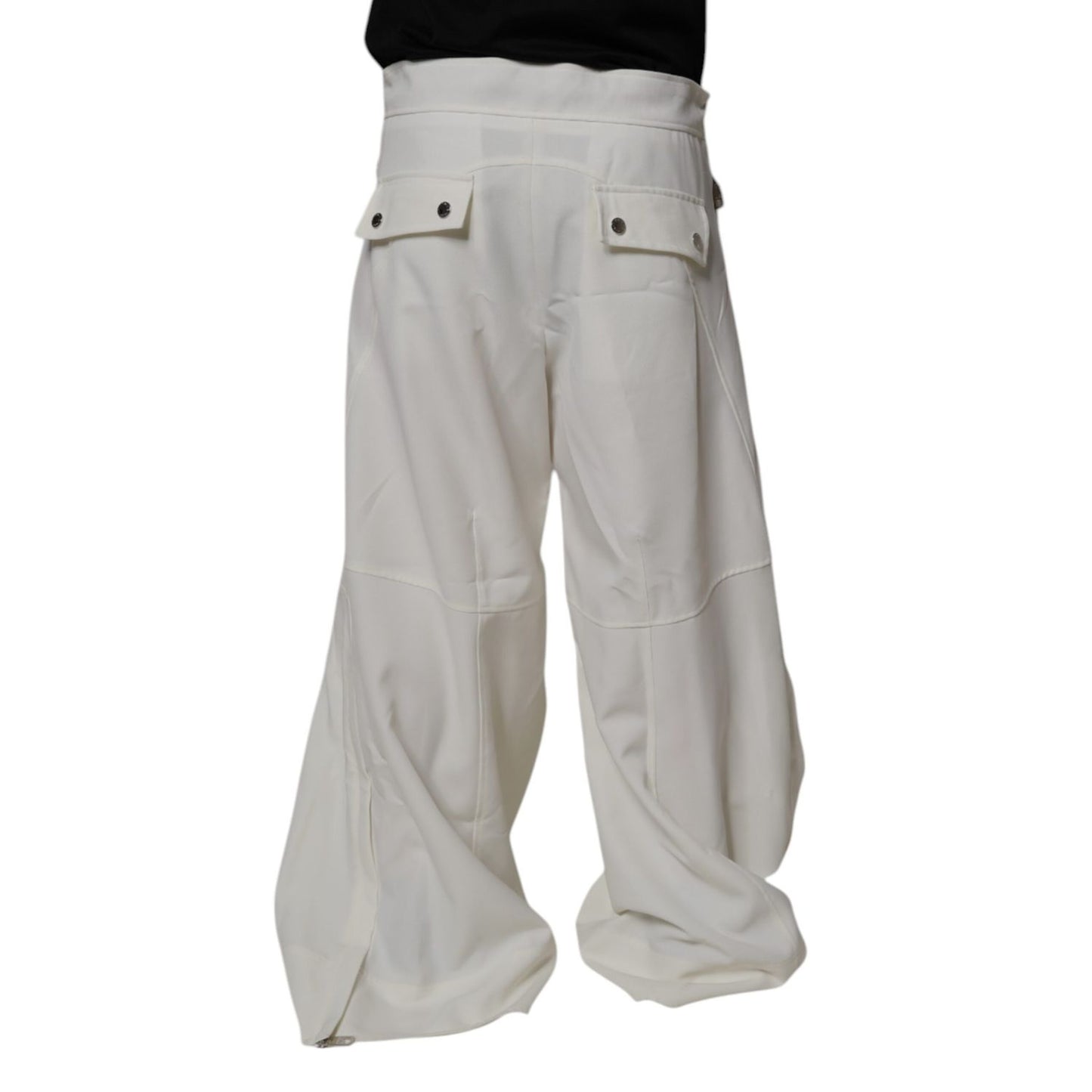 Dolce & Gabbana White Mid Waist Wide Leg Pants with zipper and button closure, 100% polyester, made in Italy.