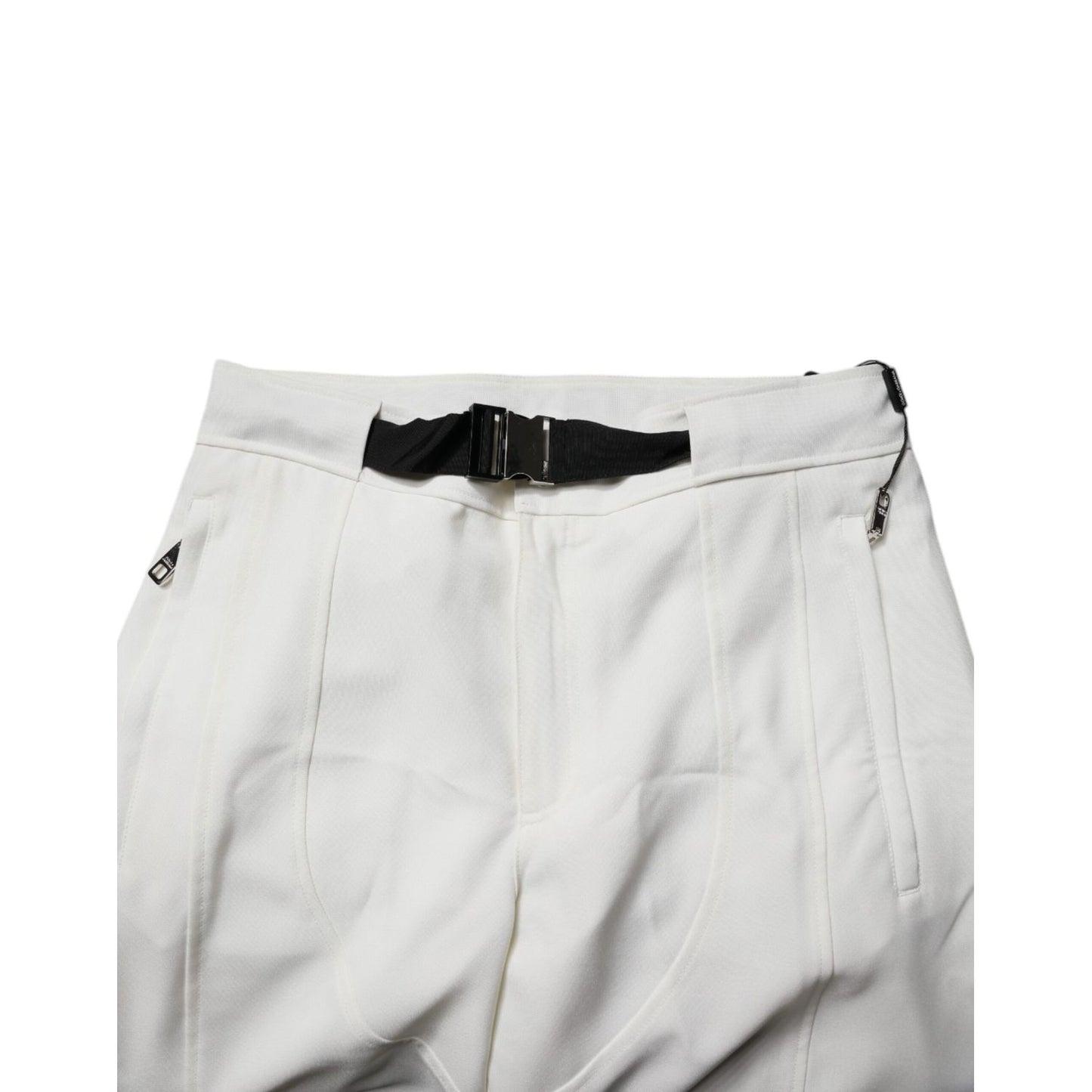 Dolce & Gabbana White Mid Waist Wide Leg Pants with zipper and button closure, made in Italy, featuring logo details and high craftsmanship.