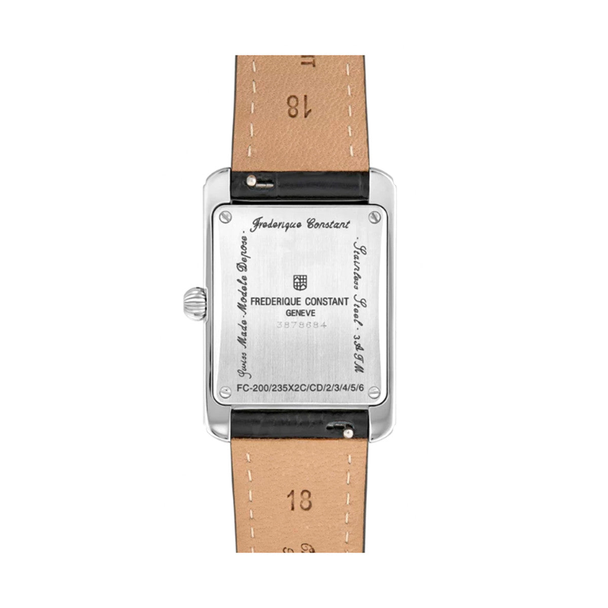 FREDERIQUE CONSTANT MOD. FC-235S2C6 watch back view with leather strap, showcasing craftsmanship and design details.