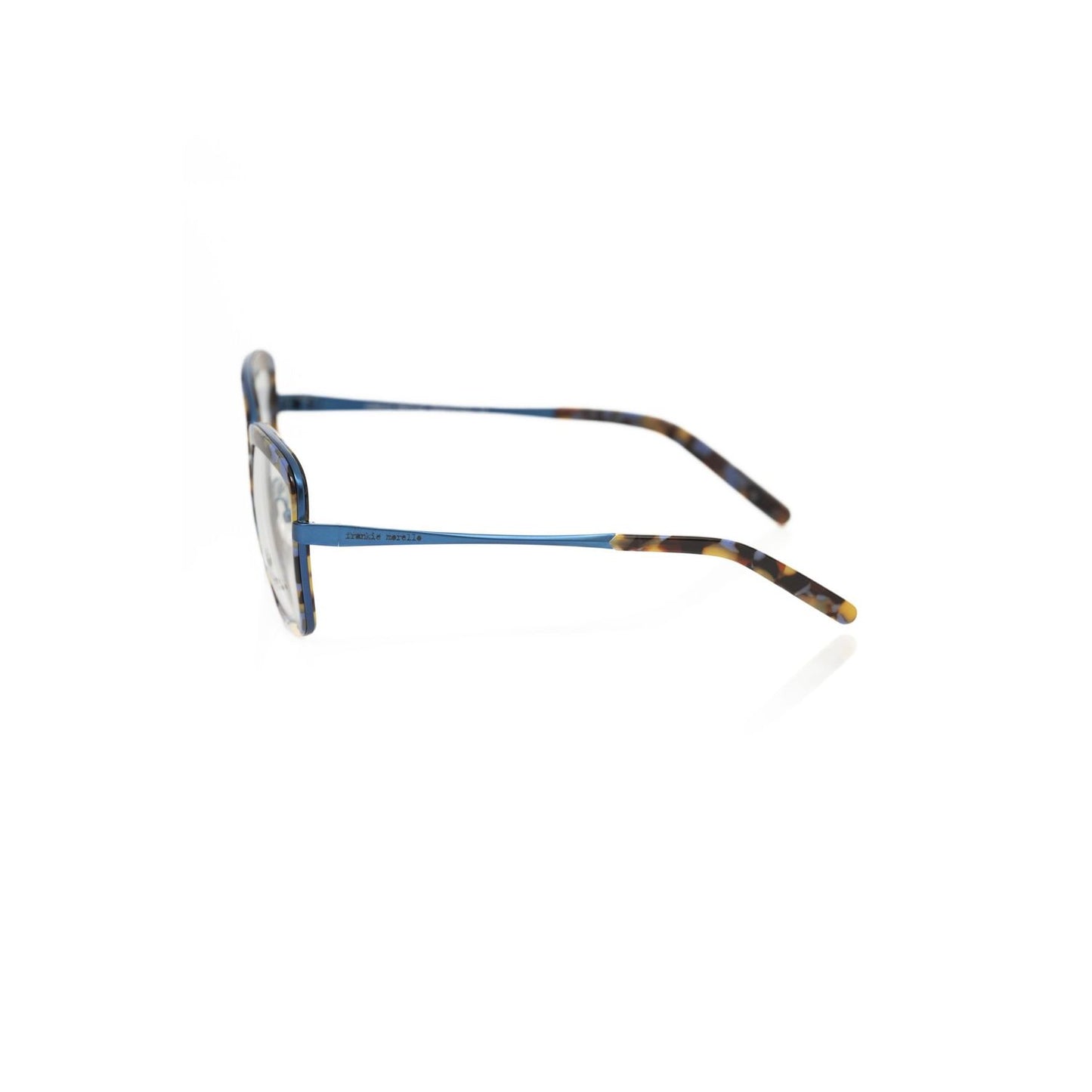 Side view of Frankie Morello Blue Metallic Women's Eyeglass Frame showcasing blue Havana pattern and sleek design.