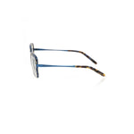 Side view of Frankie Morello Blue Metallic Women's Eyeglass Frame showcasing blue Havana pattern and sleek design.