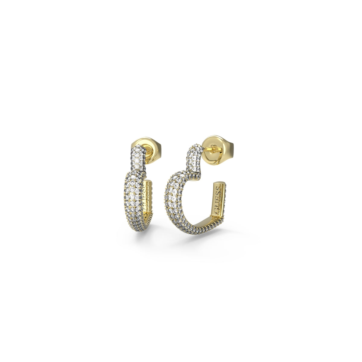 GUESS JEWELS JEWELRY Mod. JUBE05017JWYGT-U gold and diamond-studded hoop earrings on a white background.