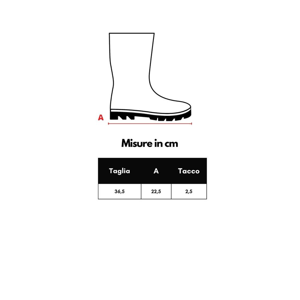 Boot size chart in cm showing measurements for Taglia, A, and Tacco with a boot line drawing above.
