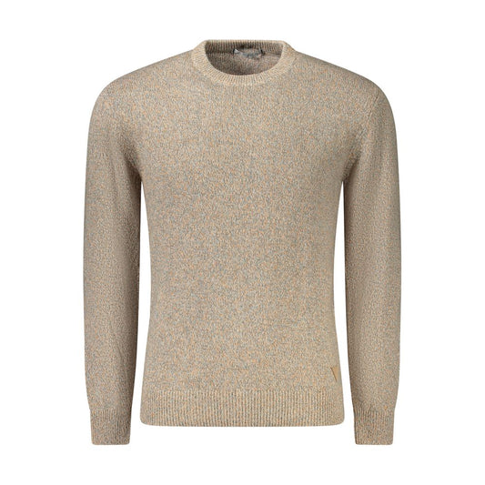 Guess Jeans Beige Cotton Men Sweater with long sleeves, crew neck, and logo, exuding contemporary fashion and comfort in 100% cotton.