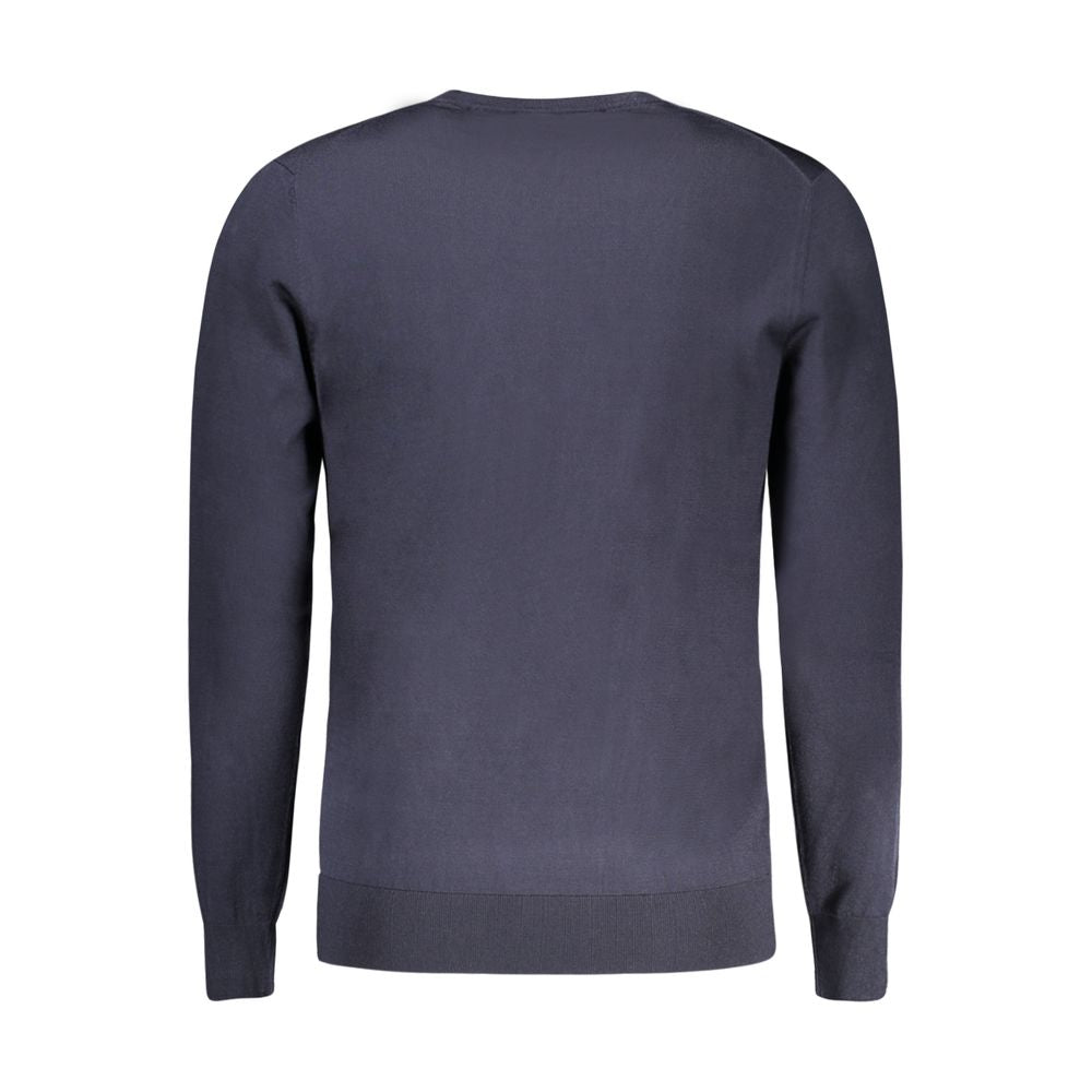 Guess Jeans Blue Viscose Sweater featuring long sleeves, crew neck, and logo application, back view.