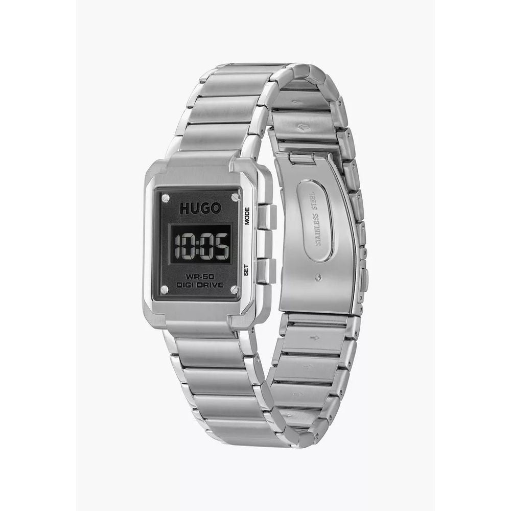 Hugo Boss Silver Stainless Steel Digital Watch with quartz mechanism and digital display, featuring 50M water resistance and silver bracelet.