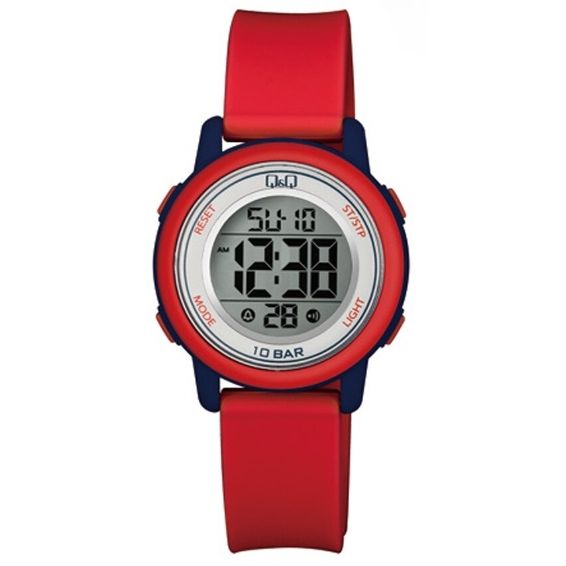 Q&Q Mod. DIGITAL DAY DATA 24H unisex wristwatch with 10 ATM water resistance, red silicone strap, and quartz movement in official box.