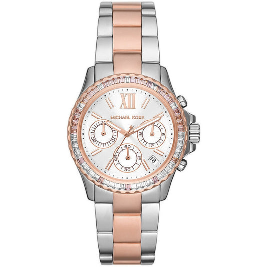 MICHAEL KORS Mod. EVEREST women's wristwatch with rose gold and silver stainless steel strap, chronograph and date functions.