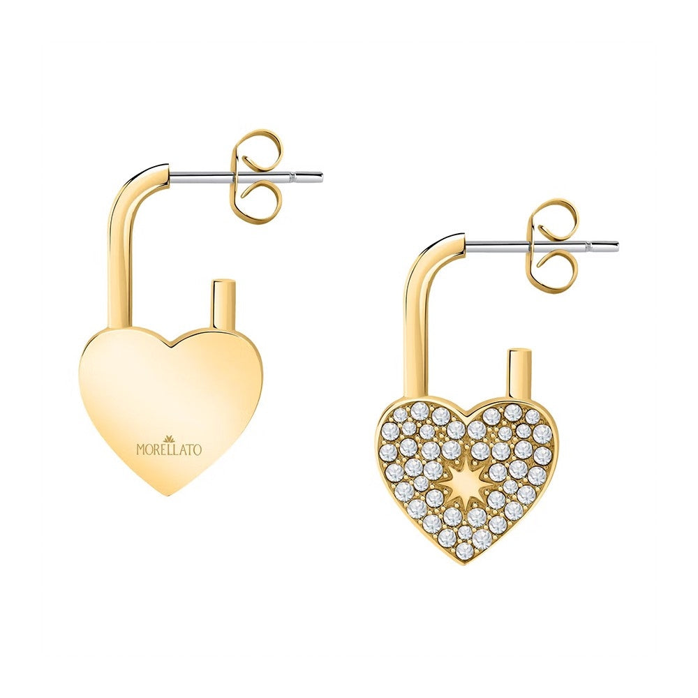 Alt Tag: MORELLATO MOD. SABG27 earrings for ladies in SS IP gold with heart-shaped design, presented in official packaging box.