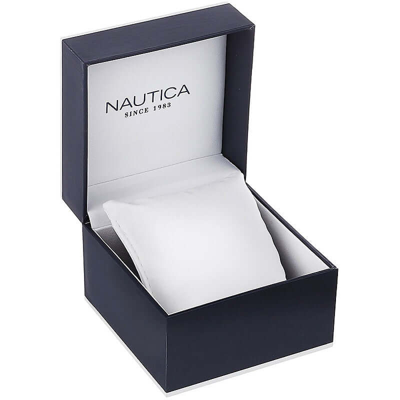 Official Nautica box for NAUTICA Mod. NAPNOF303 watch, showcasing elegant packaging for a gent's quartz analog timepiece.