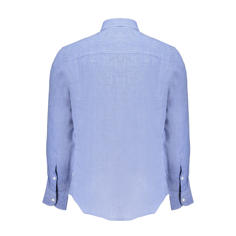 Back view of North Sails Blue Linen Shirt with long sleeves, French collar, striped pattern, and logo embroidery.