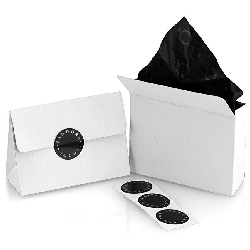 Gift box packaging for PANDORA JEWELRY Mod. 793755C00 with logo stickers and tissue paper displayed on a white background.