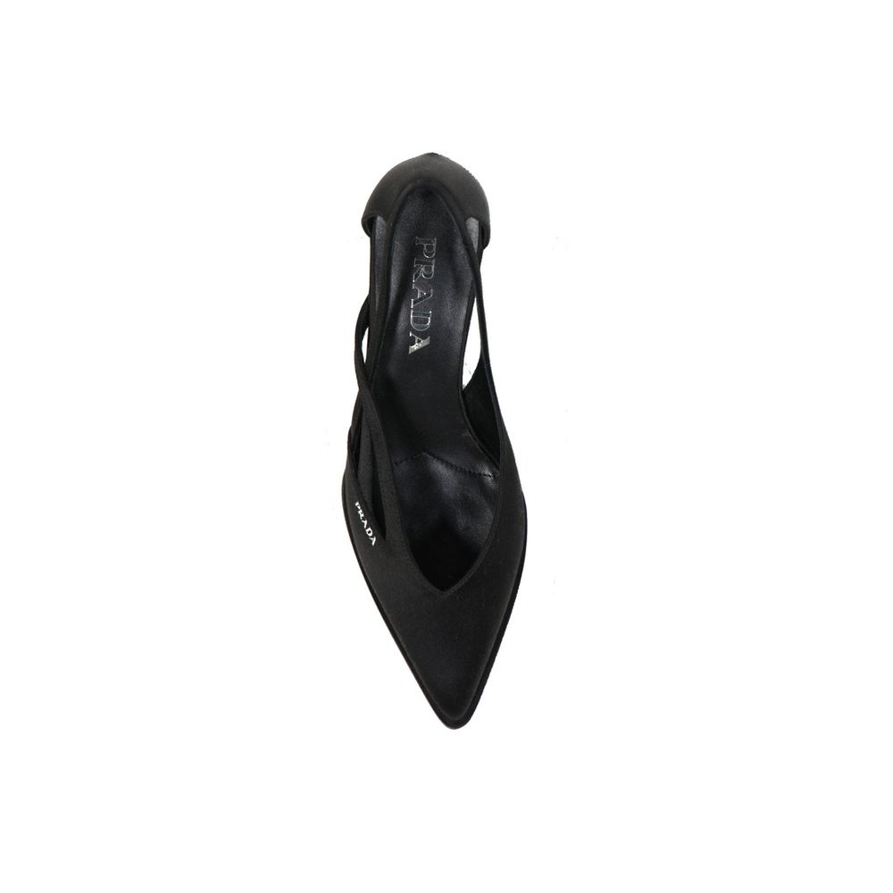Top view of Prada Black Silk Mid Heel Pumps with pointed toe and branded insole