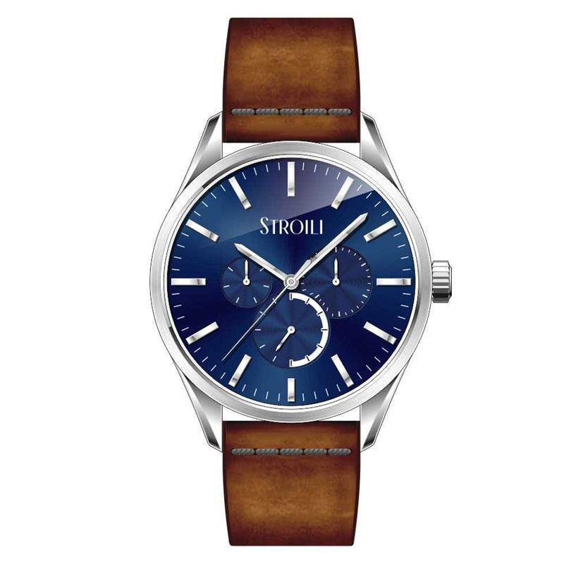 STROILI Mod. 1698369 elegant watch with blue dial and brown leather strap, luxury men's timepiece.